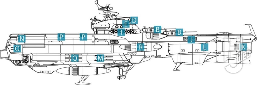 ヒュウガ級戦闘空母ヒュウガ線画右側面