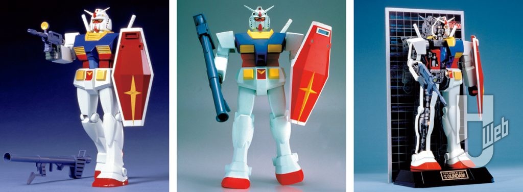 ガンプラRX-78-2ガンダム初期キットの（左から）1/100、1/60、1/72の“78”