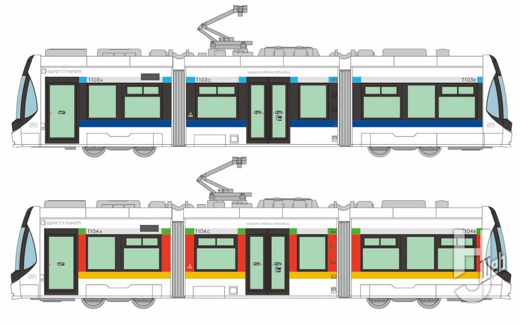鉄道コレクション富山地方鉄道市内軌道線T100（第3編成）103号車、鉄道コレクション 富山地方鉄道市内軌道線T100形（第4編成）104号車
