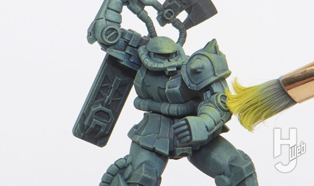 ガンダムアッセンブルキット作例「Zeon’s Rush」「TP-007A ザクII」イエローでドライブラシハイライト