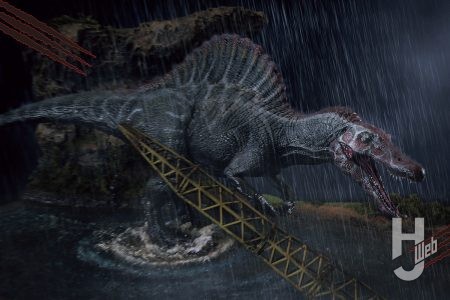 エクスプラス「スピノサウルス」　筆塗りで濡れたツヤ感をリアルに再現し『ジュラシック・パークIII』のワンシーンをディオラマ化！ 水中の泥の濃淡などベースにも注目!!