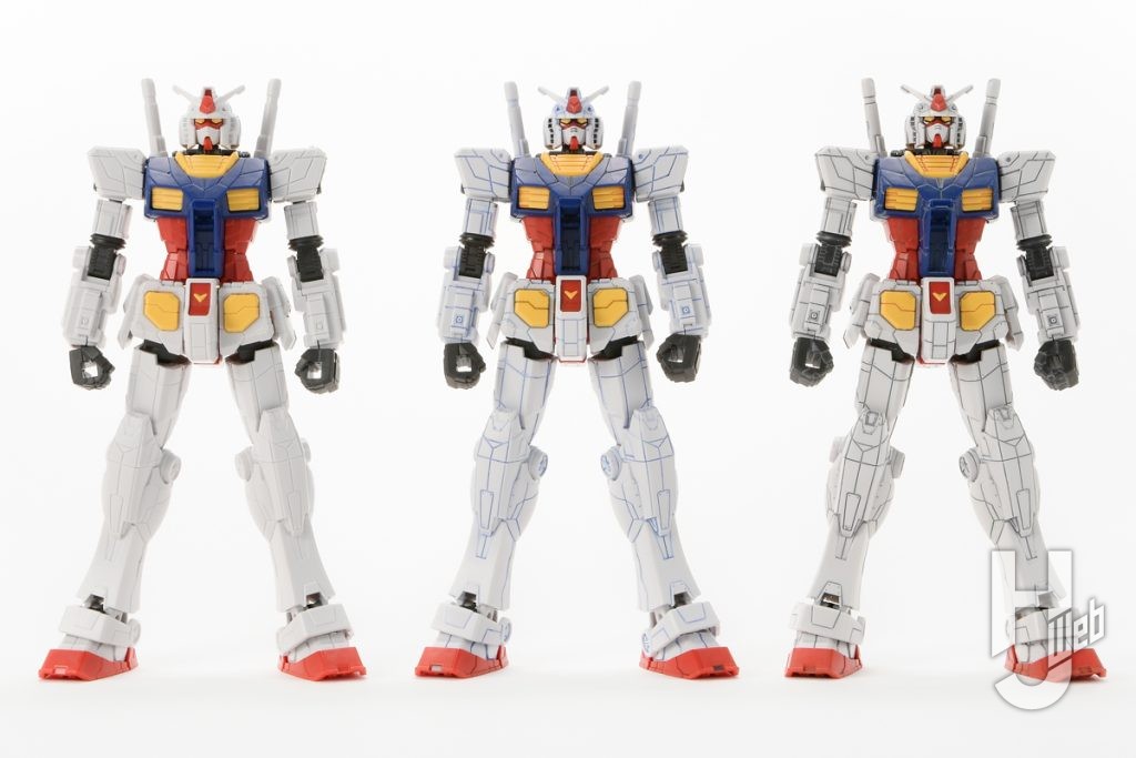 スミ入れを比較したガンダムのプラモデルの3体の並び画像