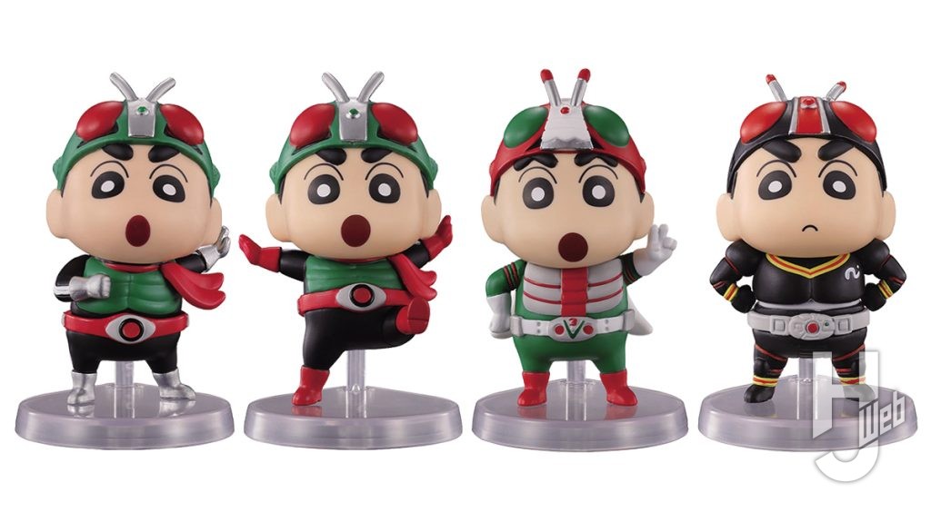 クレヨンしんちゃんと仮面ライダーのコラボレーションフィギュアの画像