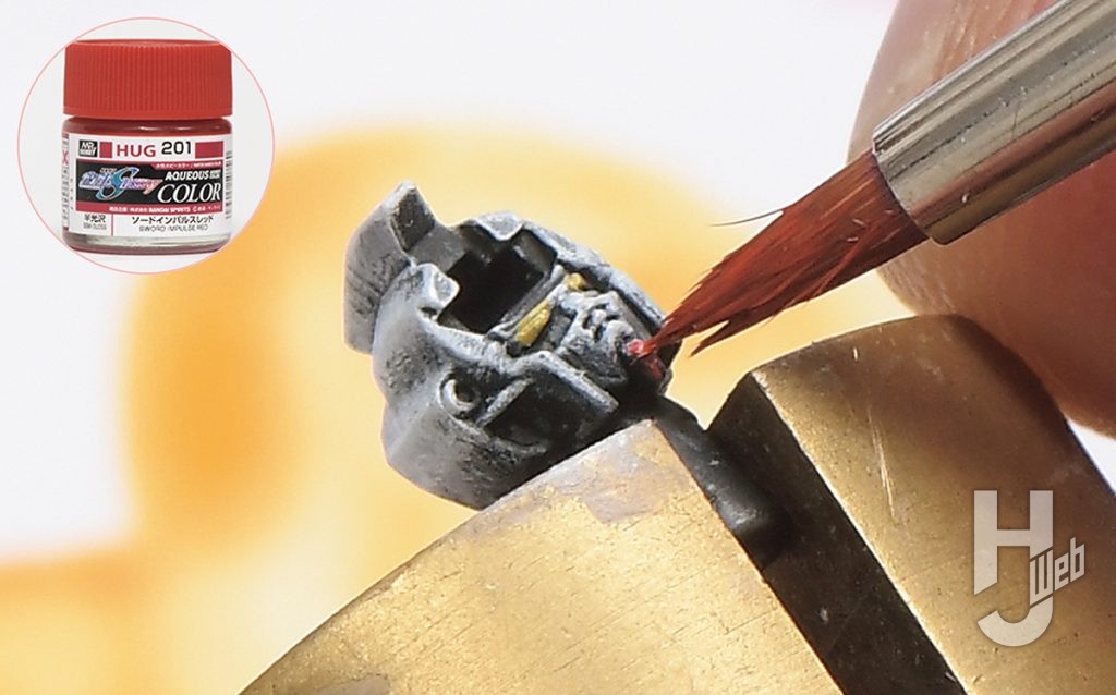 ぷらシバ製作ガンダムアッセンブル「ランチャーストライクガンダム」製作途中顔口とクマドリの塗装