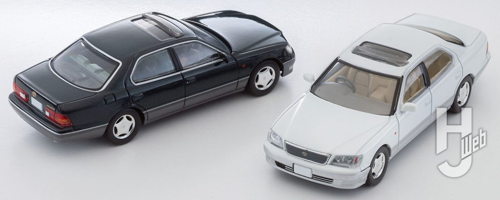 トヨタ セルシオ C仕様 Fパッケージ（パールホワイト／銀）97年式、トヨタ セルシオ C仕様 Fパッケージ（緑／グレー）97年式
