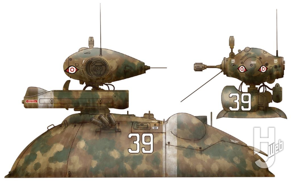 横山宏製作「シュトラール軍 無人ホバー偵察機 シュトゥルムフォーゲル」の塗装のヒントになったウェーブ製1/20オスカル［リニアガン装備型］の塗装図