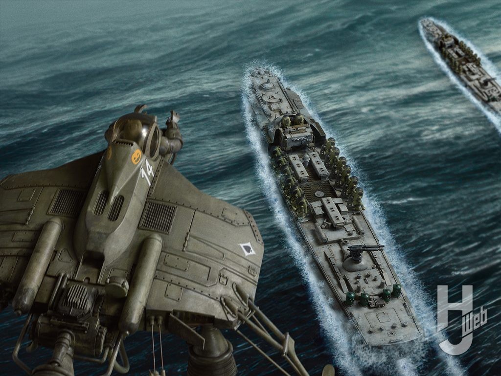 フォトストーリー2-MAX渡辺製作「シュトラール軍 大型揚陸艇 S-BOOT」と横山宏製作「シュトラール軍 装甲戦闘服搭載型戦闘偵察機 ホルニッセ」