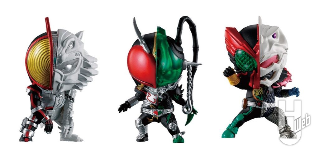 DUAL FACE KAMEN RIDER
左からファイズ（半分ウルフオルフェノク）、カリス（半分ジョーカー）、オーズ（半分恐竜グリード）