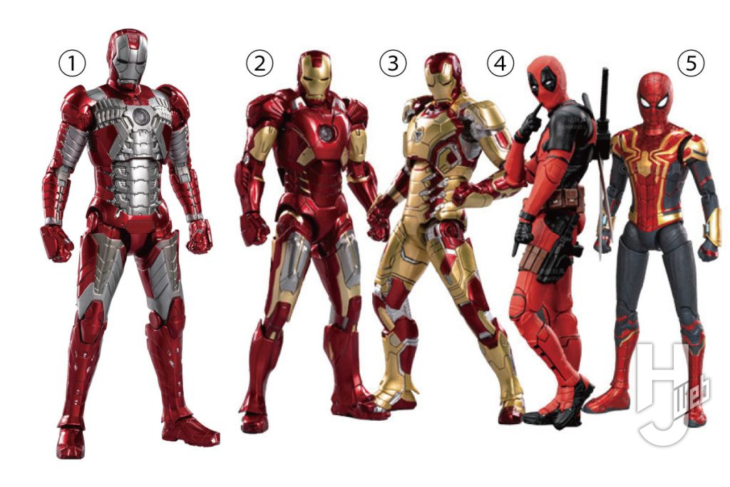 Infinity Action Xシリーズ。
左からアイアンマン MK5、アイアンマン MK7、アイアンマン MK42、デッドプール、スパイダーマン インテグレーテッドスーツ