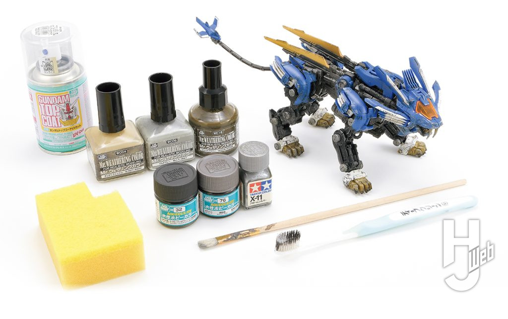 ●水性ガンダムトップコート　●Mr.ウェザリングカラー（サンディウォッシュ、マルチグレー、シェイドブラウン）　●水性ホビーカラー（ダークグレー、焼鉄色）　●タミヤ エナメル塗料 クロームシルバー　●台所用スポンジ　●100円ショップの筆　●歯ブラシ
©サンライズ