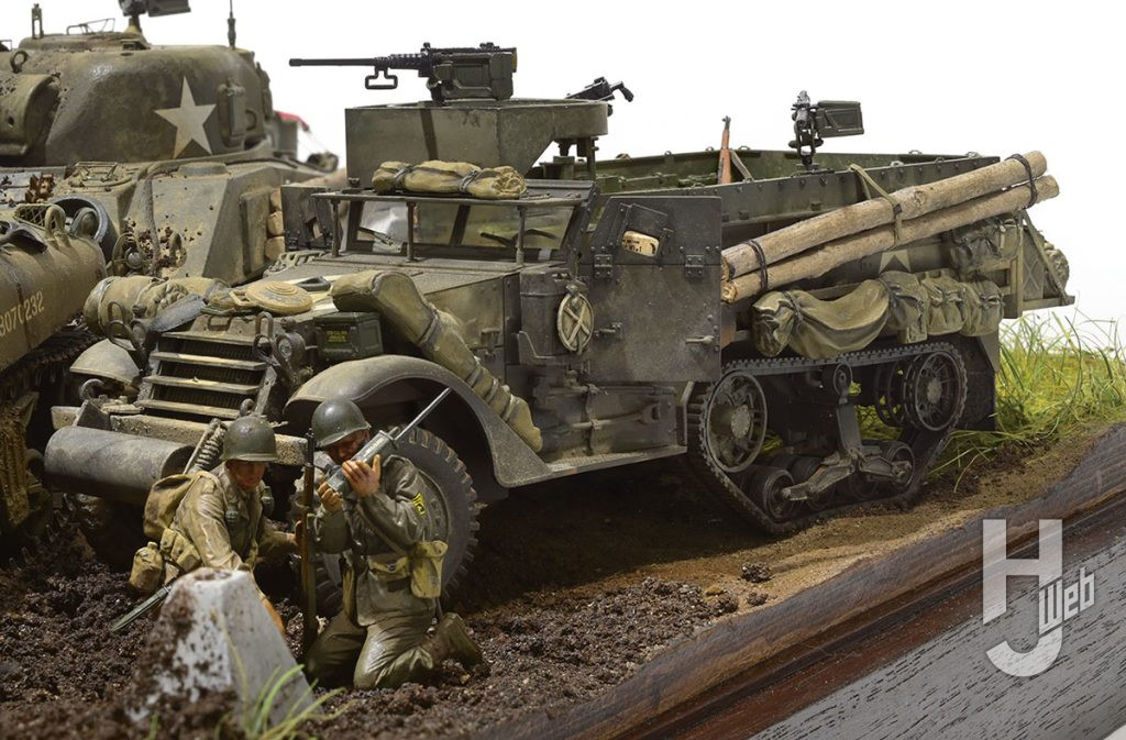 タミヤ・M3ハーフトラックの起動輪、誘導輪、履帯が一体のパッションモデルス製3Dパーツ（P35T-042）を使用。連合軍車両のアクセサリーをフル活用した